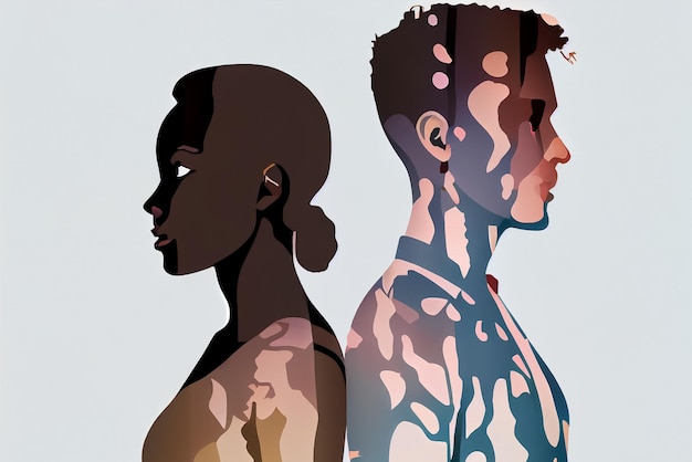 Cartoon style illustration of two person with vitiligo skin on white background love yourself