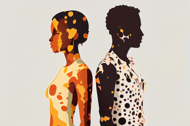 Cartoon style illustration of two person with vitiligo skin on white background love yourself