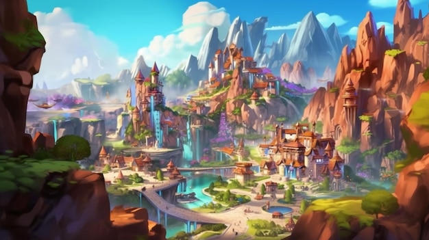Изображение фантастического города в мультяшном стиле, окруженного горами.