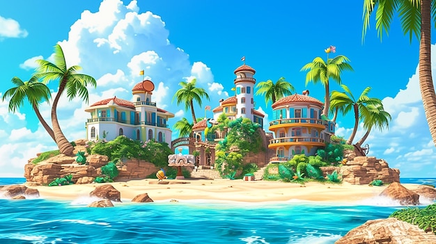Photo a cartoon style image of a tropical island with palm trees and a beach floating mountains
