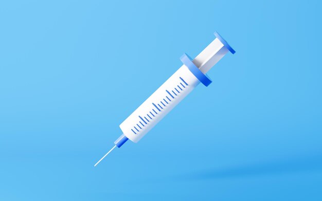 Cartoon style injection syringe with blue background medical concept 3d rendering