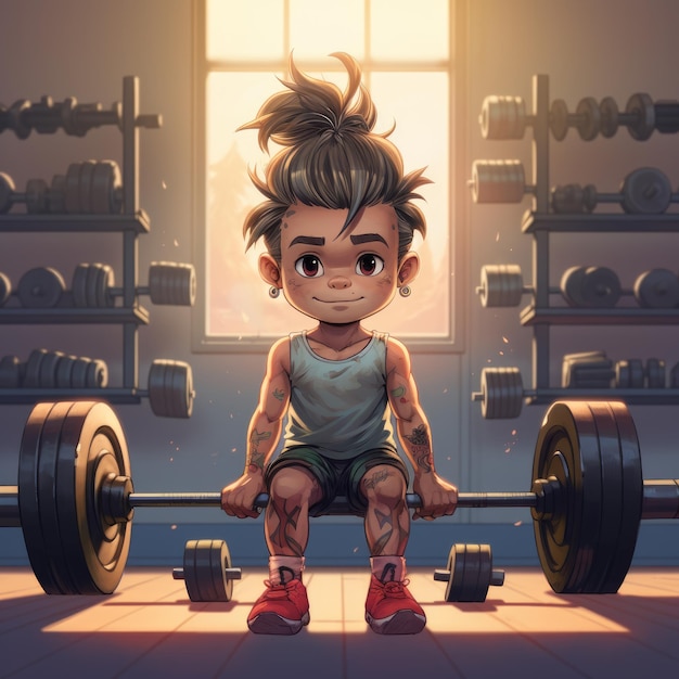 A cartoon style kid lifting the dumble in a gym