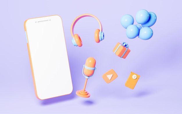 漫画スタイルの携帯電話のライブストリーミングとマイクの3Dレンダリング