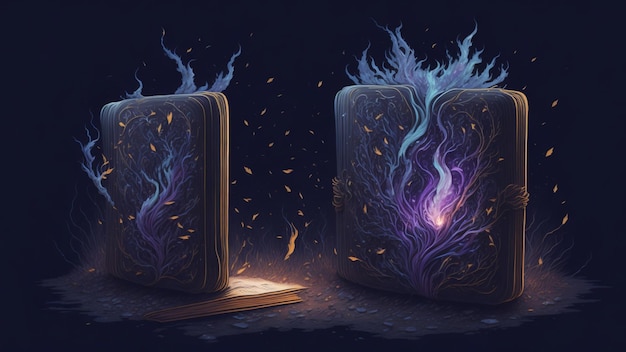 Cartoon style mysterious ancient flame magic book Generative AI