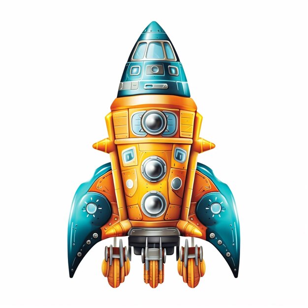 Cartoon style orange and blue rocket ship with blue and silver accents generative ai