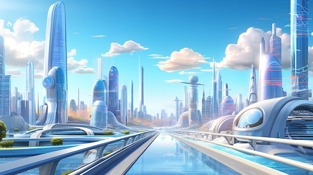 Cartoon-style pastel-colored animation depicting a future city. Generative Ai.