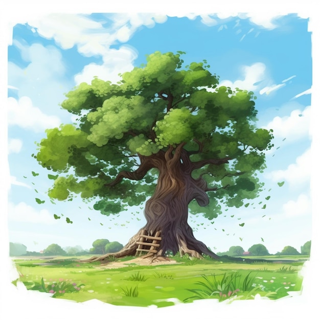 a cartoon style picture of a tree with a bench in the middle generative ai