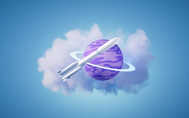 Cartoon style planet and rocket 3d rendering