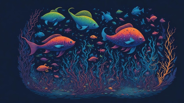 Cartoon style rainbow gradient underwater world underwater creatures Generative AI