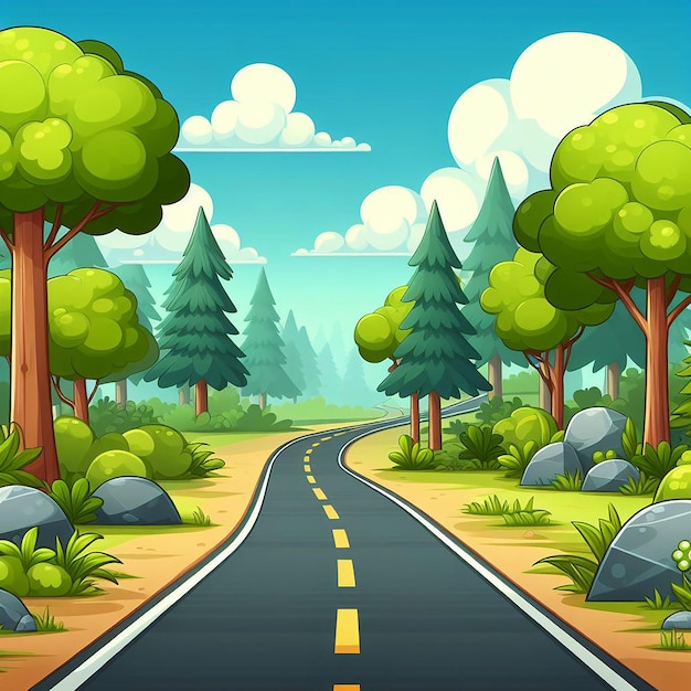 Photo cartoon style road throw green forest