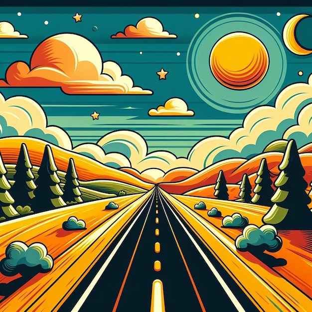 Cartoon style road throw green forest