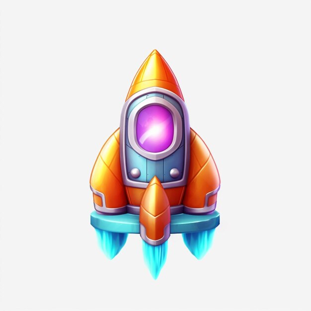 cartoon style rocket ship with purple and orange lights generative ai