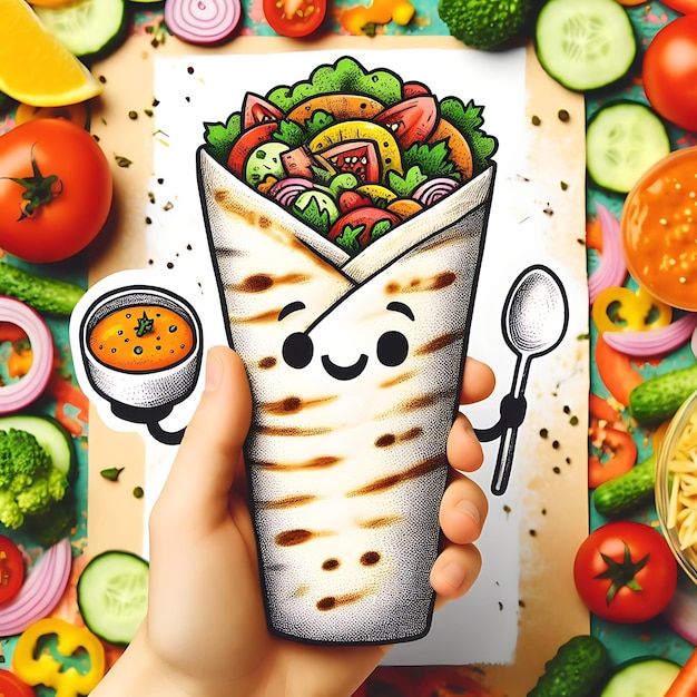 Photo cartoon style shawarma and sauce with background