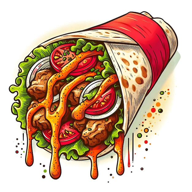 Photo cartoon style shawarma and sauce with background