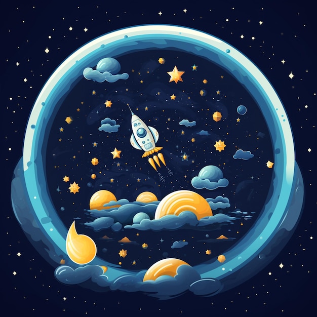 cartoon style sky and stars with planet with rocket 6