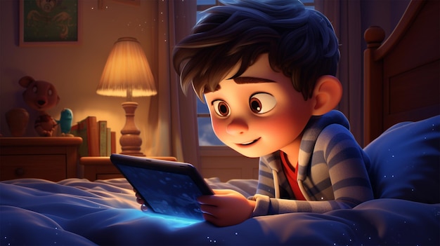 A cartoon style toddler using a digital device