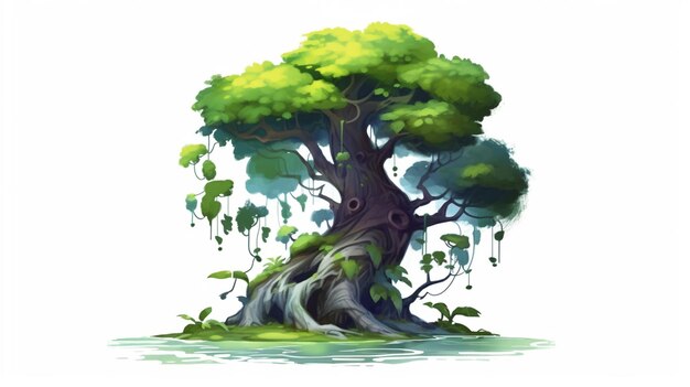 a cartoon style tree with a green trunk and a lot of leaves generative ai