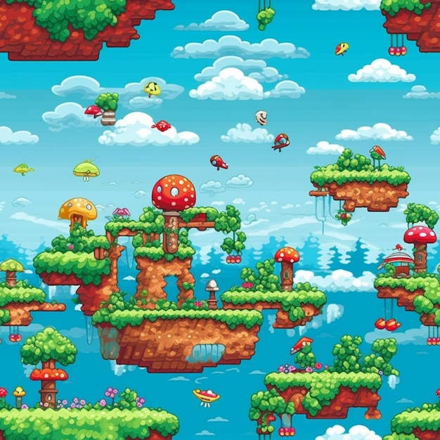 Photo a cartoon style video game scene with a mushroom island and flying birds generative ai