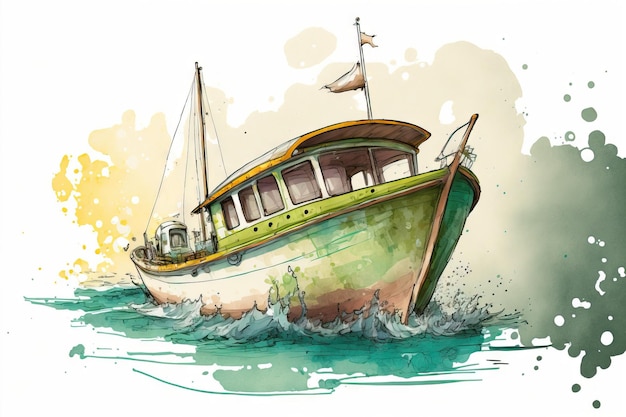 Cartoon style watercolor drawing of a boat