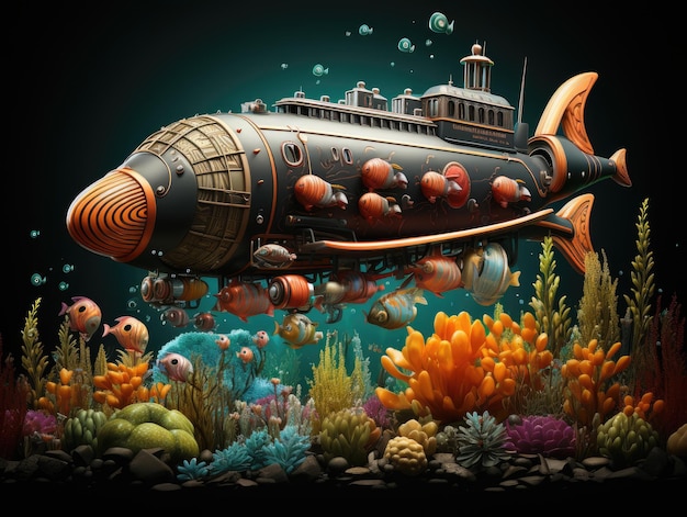 Premium AI Image | Cartoon submarine HD 8K Vector illustration wallpaper