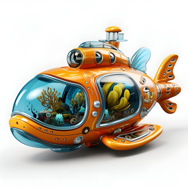 Photo cartoon submarine with corals and algae on white background 3d illustration