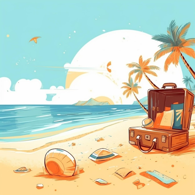 Мультфильм о чемодане на пляже с пальмой на заднем плане.