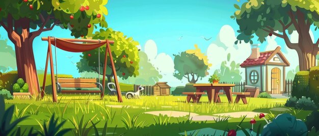 Cartoon summer landscape of backyard with green grass fruit trees swing with canopy wooden table with chairs dog house lawn mower and wooden table with chairs