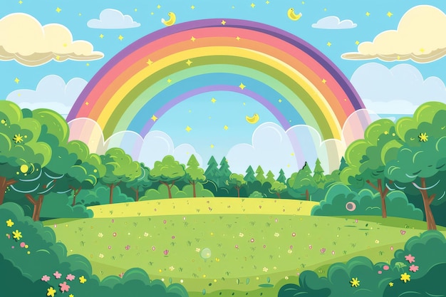 Photo cartoon summer scene rainbow with meadow in the forest illustration for children background