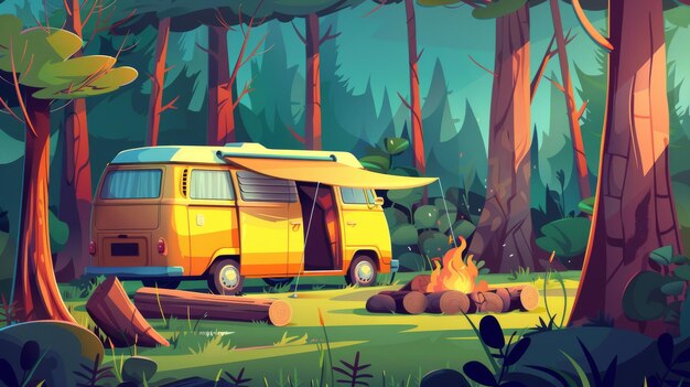 A cartoon summer scene showing a camper van with a tent logs on a bonfire pit and a large trunk on the ground as a seat