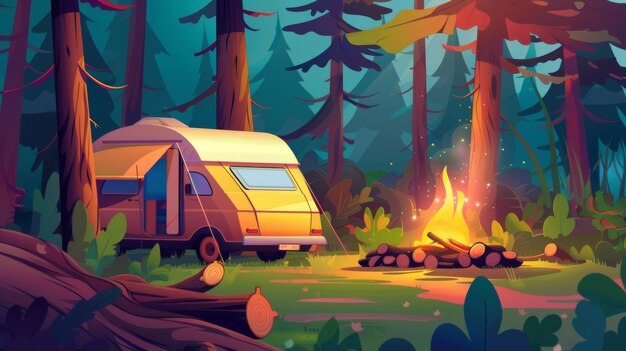 A cartoon summer scene with a camper van a tent and a large wood trunk serving as a seat in a forest with logs on a bonfire pit and logs on a bonfire pit Truck waiting to unload in the forest