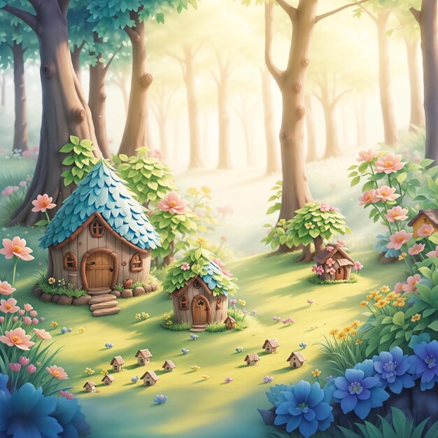 cartoon summer scene with meadow in the forest and hidden wooden house for children