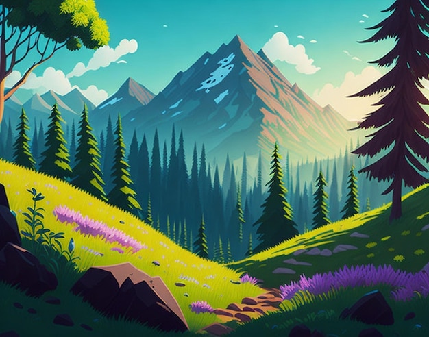 A cartoon summer scene with mountain landscape Forest and meadow shores illustration AI Generated