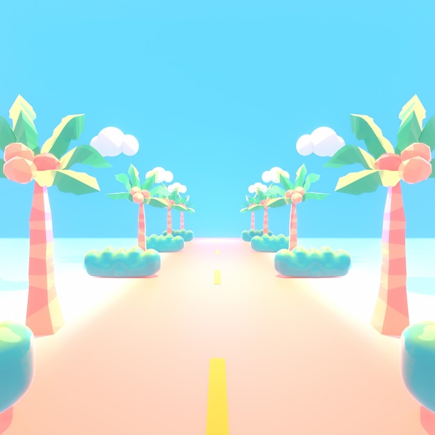 Cartoon summer tropical island road trip and blue sky 3d rendering picture
