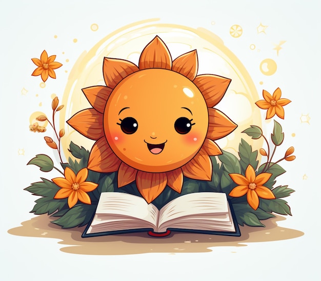 Фото Мультяшное солнце читает книгу с цветами и листьями генеративный ии
