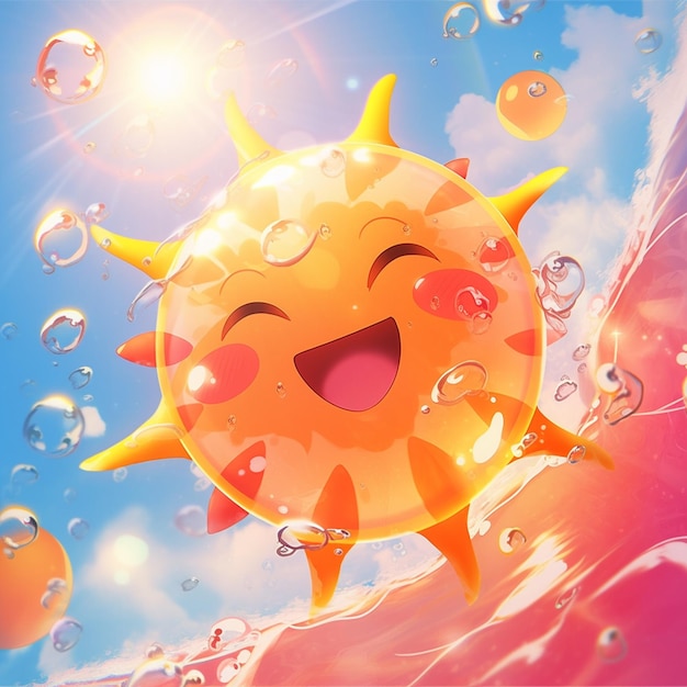 Photo cartoon sun with a happy face floating in the water generative ai