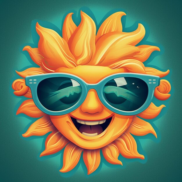 Cartoon sun with sunglasses on a green background generative ai