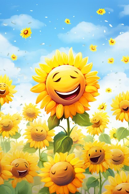 Cartoon sunflowers with faces and eyes in a field of flowers generative ai