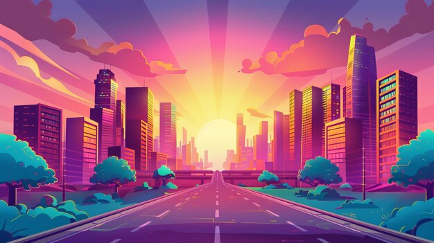 A cartoon sunrise or sunset cityscape with a road leading to office buildings and apartments with a highway in the background Modern town street under pink sun lights Cityscape with highway in the