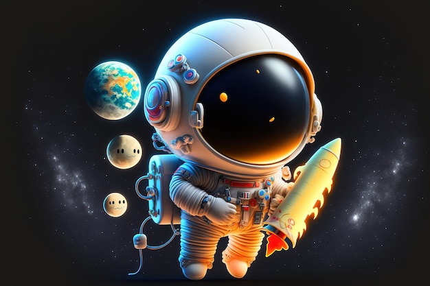 Cartoon symbol depicting a cute astronaut in space clutching a rocket and the moon