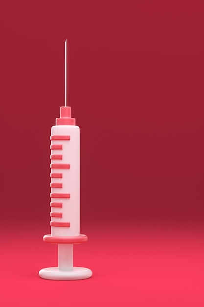 Cartoon syringe on a red background. Vaccination against coronavirus concept. 3d render illustration.