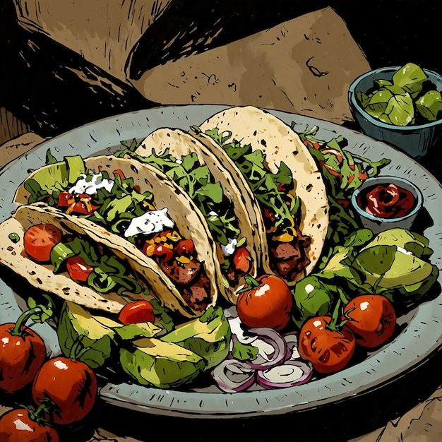 Photo cartoon taco plate with fresh vegetables and savory meat