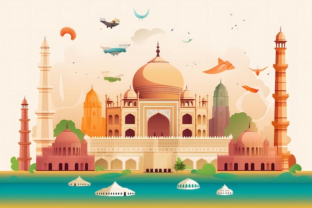 A cartoon of a taj mahal with a building in the background.