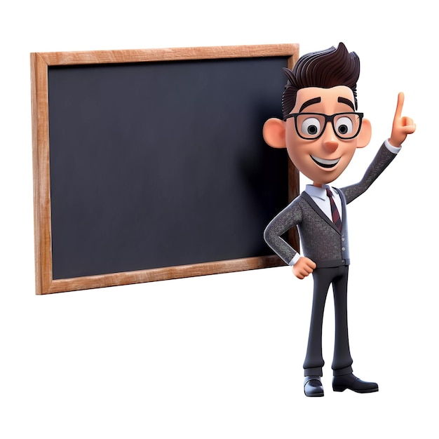 Cartoon teacher standing in front of blackboard