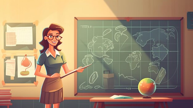 A cartoon of a teacher standing in front of a chalkboard that says'ice cream'on it