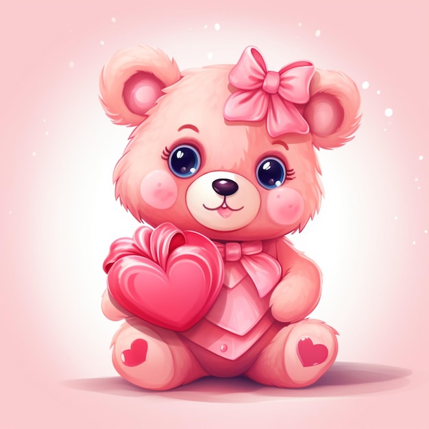 cartoon teddy bear holding a heart with a bow and bow on its head generative ai