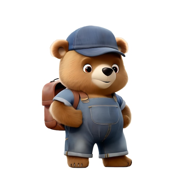 Cartoon teddy bear in overalls with backpack and cap with alpha channel