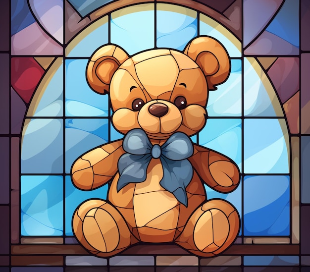 Cartoon teddy bear sitting in front of a stained glass window generative ai