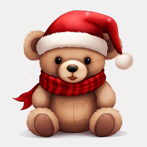 Photo cartoon teddy bear wearing a santa hat and scarf generative ai