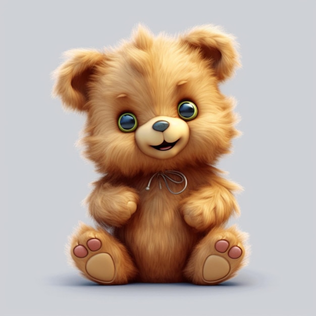 A cartoon of a teddy bear with blue eyes sits on a gray background.