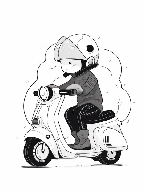 Foto cartoon tekening van een man die op een scooter rijdt met een helm op generatieve ai